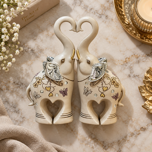 Silver Heart Trunk Elephant Couple Figurines