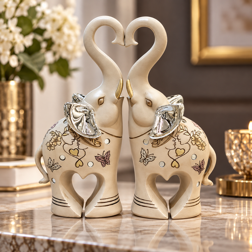 Silver Heart Trunk Elephant Couple Figurines