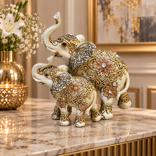 Regal Mother & Calf Royal Elephant Sculpture