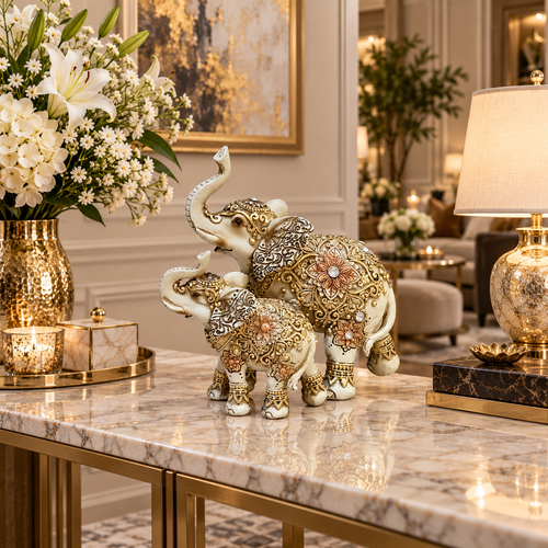 Regal Mother & Calf Royal Elephant Sculpture