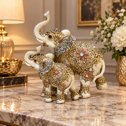 Regal Mother & Calf Royal Elephant Sculpture