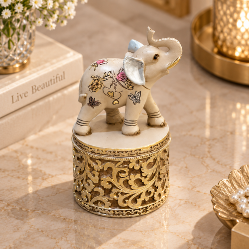 Regal Trunk-Up Elephant Decorative Trinket Jar