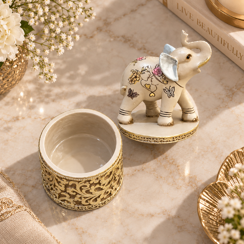 Regal Trunk-Up Elephant Decorative Trinket Jar