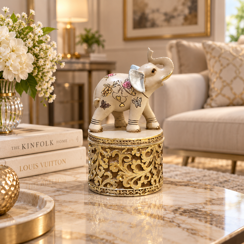 Regal Trunk-Up Elephant Decorative Trinket Jar