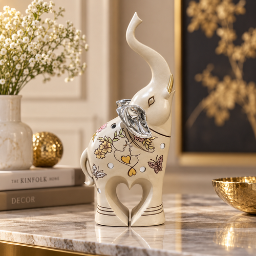 Cream & Silver Heart-Leg Elephant Statue