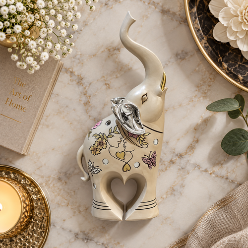Cream & Silver Heart-Leg Elephant Statue