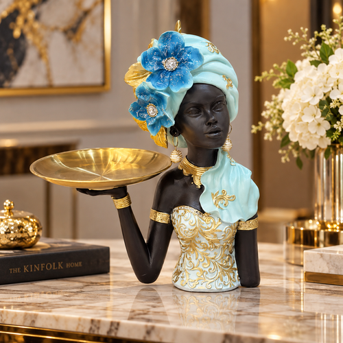 Turquoise African Lady Tray Sculpture