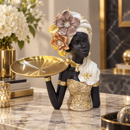Cream & Gold African Lady Tray Sculpture