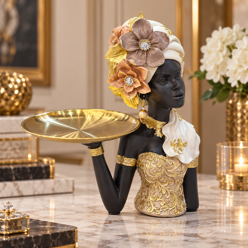 Cream & Gold African Lady Tray Sculpture