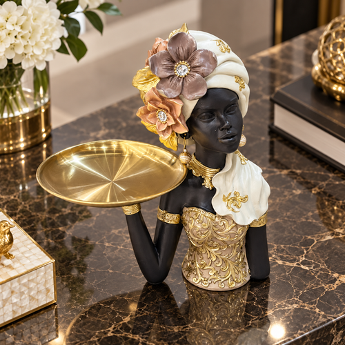 Cream & Gold African Lady Tray Sculpture