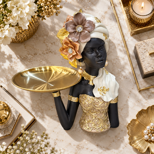 Cream & Gold African Lady Tray Sculpture