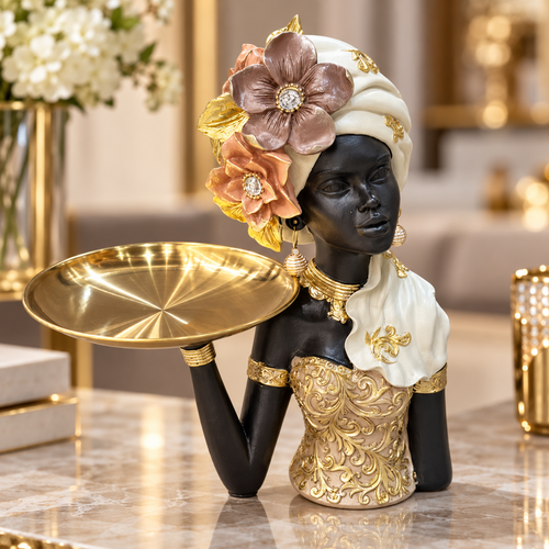 Cream & Gold African Lady Tray Sculpture