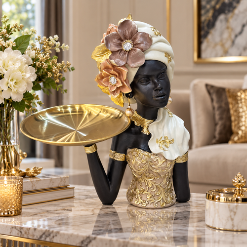 Cream & Gold African Lady Tray Sculpture