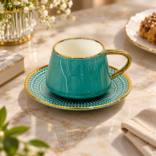 Emerald Royal Gold Rimmed Cup & Saucer Set 12 Piece