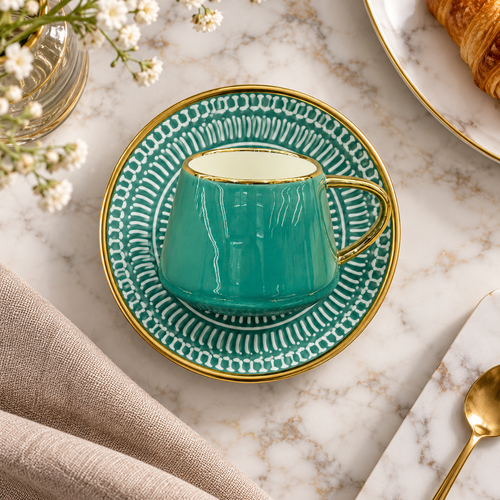 Emerald Royal Gold Rimmed Cup & Saucer Set 12 Piece
