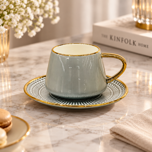 Slate Grey & Gold Ceramic Cup & Saucer Set 12 Piece