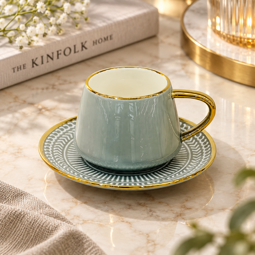 Slate Grey & Gold Ceramic Cup & Saucer Set 12 Piece