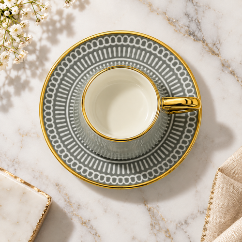 Slate Grey & Gold Ceramic Cup & Saucer Set 12 Piece