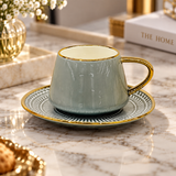 Slate Grey & Gold Ceramic Cup & Saucer Set 12 Piece