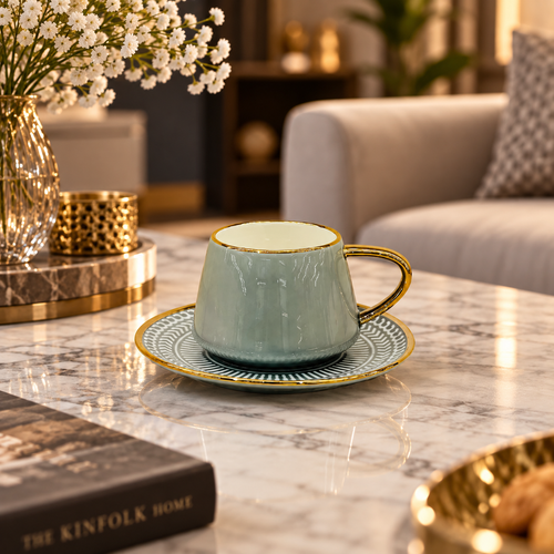Slate Grey & Gold Ceramic Cup & Saucer Set 12 Piece