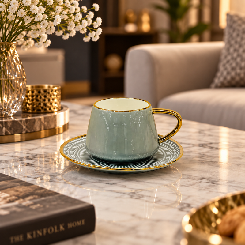 Slate Grey & Gold Ceramic Cup & Saucer Set 12 Piece