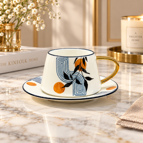 Abstract Botanical & Gold Cup & Saucer Set 12 Piece