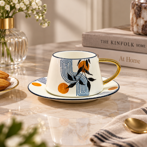 Abstract Botanical & Gold Cup & Saucer Set 12 Piece