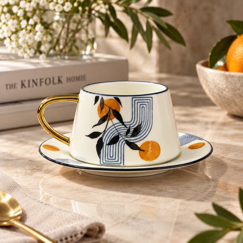 Abstract Botanical & Gold Cup & Saucer Set 12 Piece