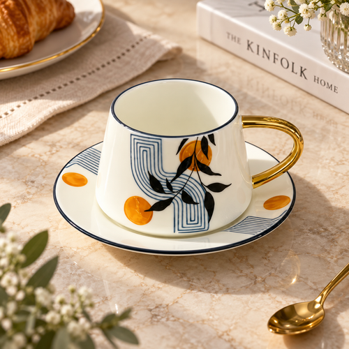 Abstract Botanical & Gold Cup & Saucer Set 12 Piece