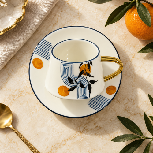 Abstract Botanical & Gold Cup & Saucer Set 12 Piece