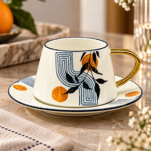 Abstract Botanical & Gold Cup & Saucer Set 12 Piece