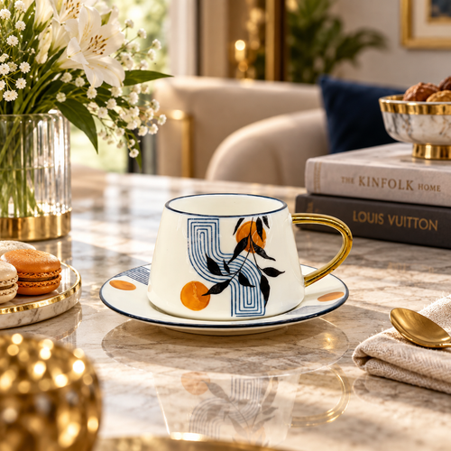 Abstract Botanical & Gold Cup & Saucer Set 12 Piece