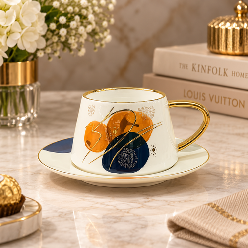 Elegant Celestial Gold-Trimmed Cup & Saucer Set 12 Piece