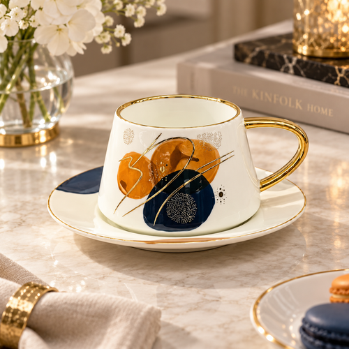Elegant Celestial Gold-Trimmed Cup & Saucer Set 12 Piece