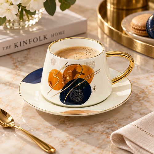 Elegant Celestial Gold-Trimmed Cup & Saucer Set 12 Piece