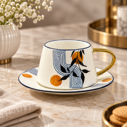 Abstract Botanical & Gold Cup & Saucer Set 12 Piece