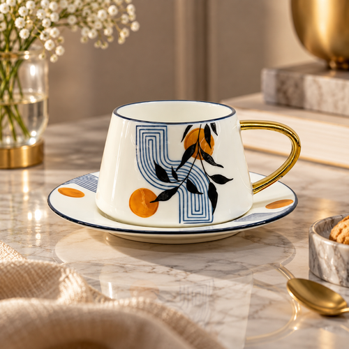 Abstract Botanical & Gold Cup & Saucer Set 12 Piece