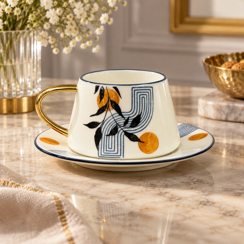 Abstract Botanical & Gold Cup & Saucer Set 12 Piece