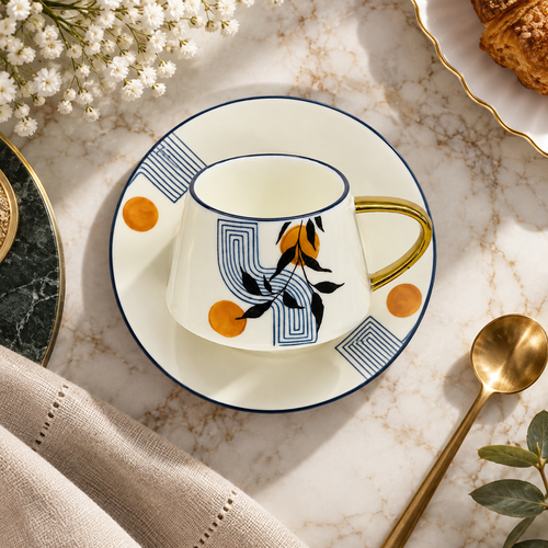 Abstract Botanical & Gold Cup & Saucer Set 12 Piece
