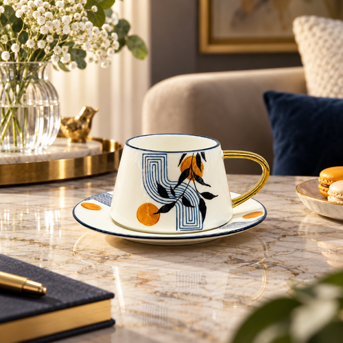 Abstract Botanical & Gold Cup & Saucer Set 12 Piece