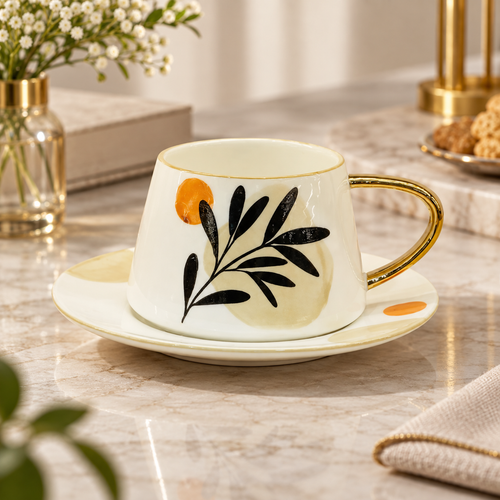 Minimalist Botanical Leaf Cup & Saucer Set 12 Piece