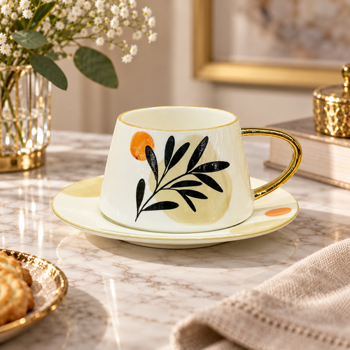 Minimalist Botanical Leaf Cup & Saucer Set 12 Piece