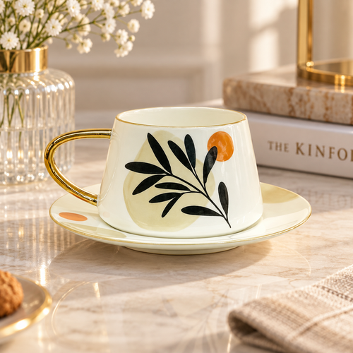 Minimalist Botanical Leaf Cup & Saucer Set 12 Piece