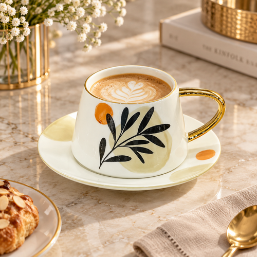 Minimalist Botanical Leaf Cup & Saucer Set 12 Piece