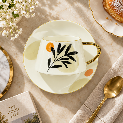 Minimalist Botanical Leaf Cup & Saucer Set 12 Piece