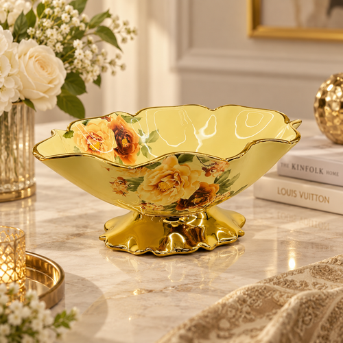 Luxury Gold Floral Ceramic Pedestal Bowl