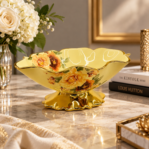 Luxury Gold Floral Ceramic Pedestal Bowl
