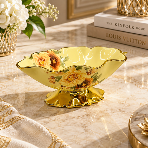 Luxury Gold Floral Ceramic Pedestal Bowl
