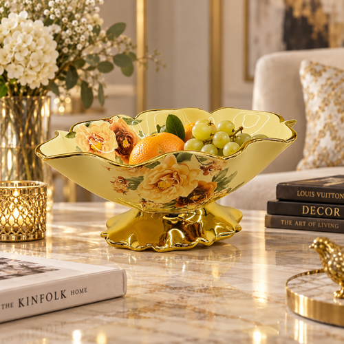 Luxury Gold Floral Ceramic Pedestal Bowl