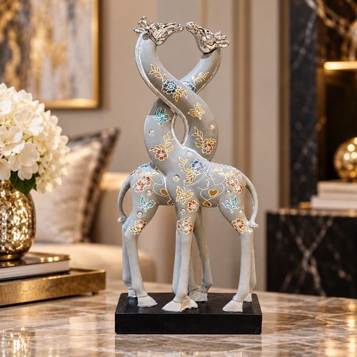Grey Intertwined Giraffe Line Art Figurine